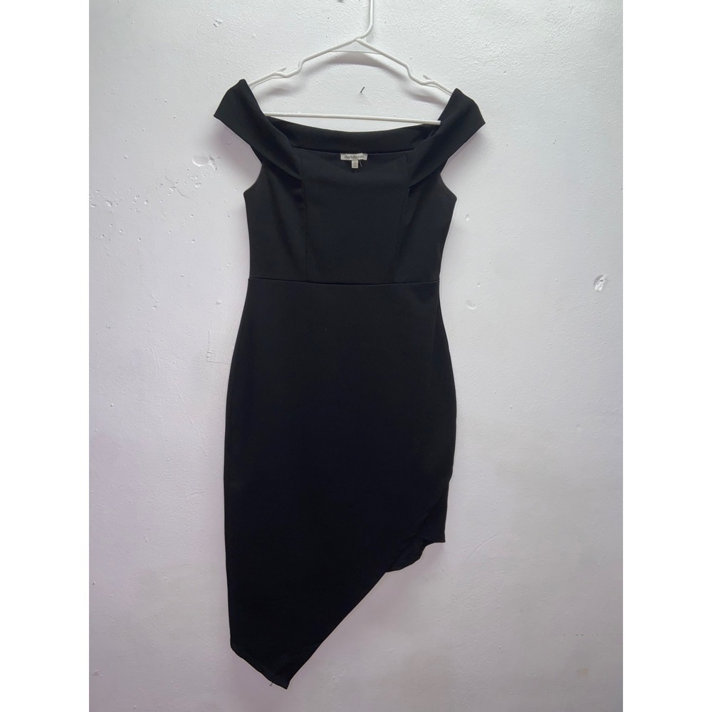 Black Off Shoulder Asymmetrical Hem Bodycon Dress Classic Minimalist Sexy Chic S